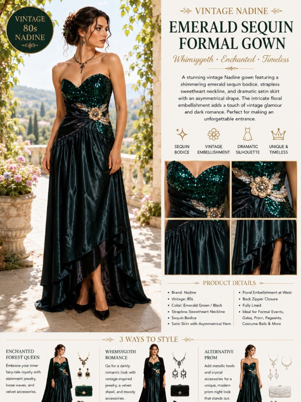 Womens Vintage Nadine Emerald Sequin Formal Gown Whimsygoth Gothic Romance 80s